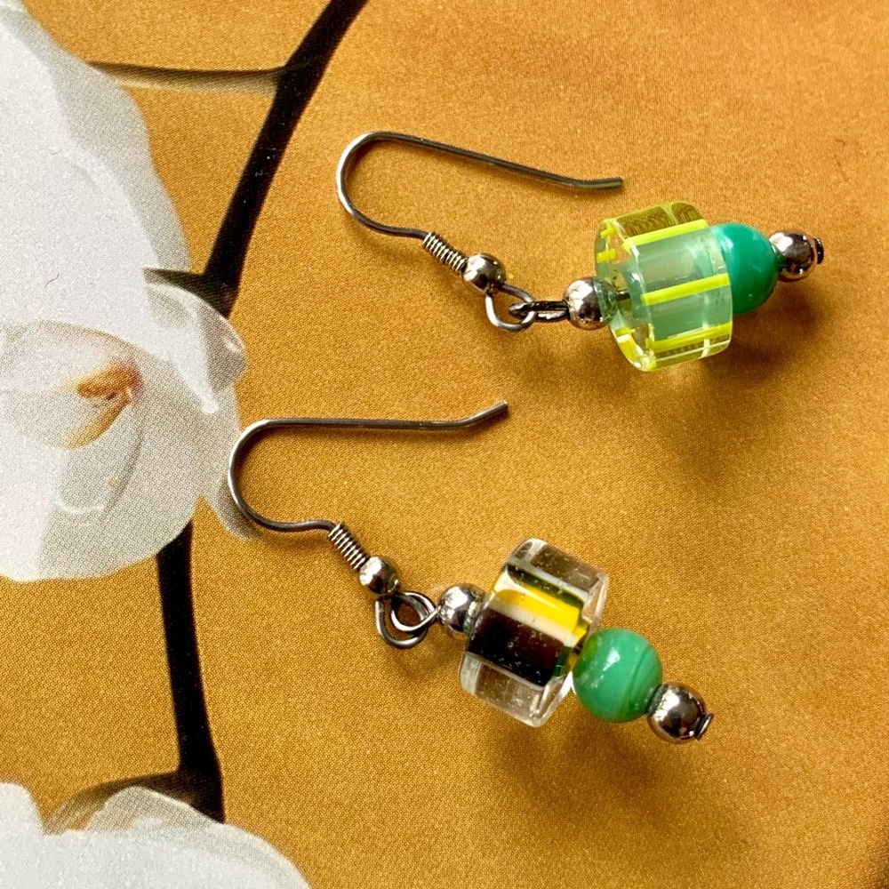 Glass Beads Earrings, Striped Cylinder Shape, Pierced